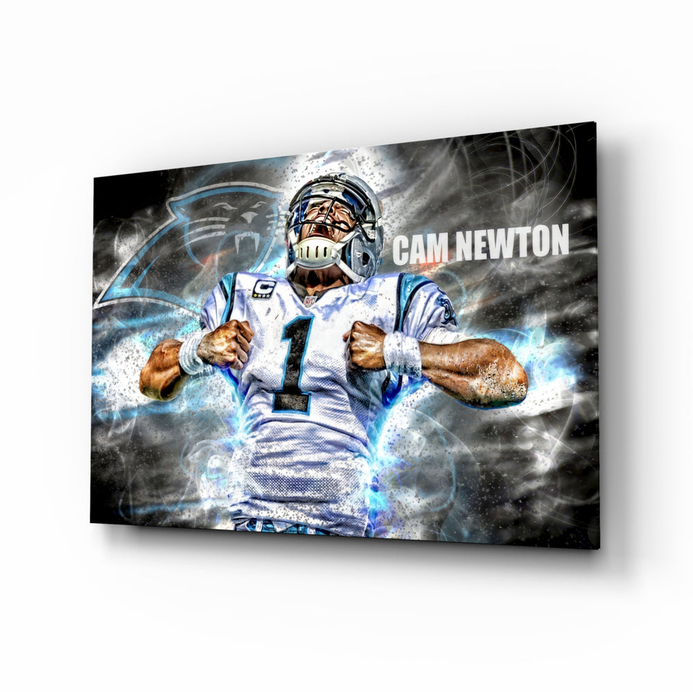 Cam Newton glass wall art in a modern home cinema