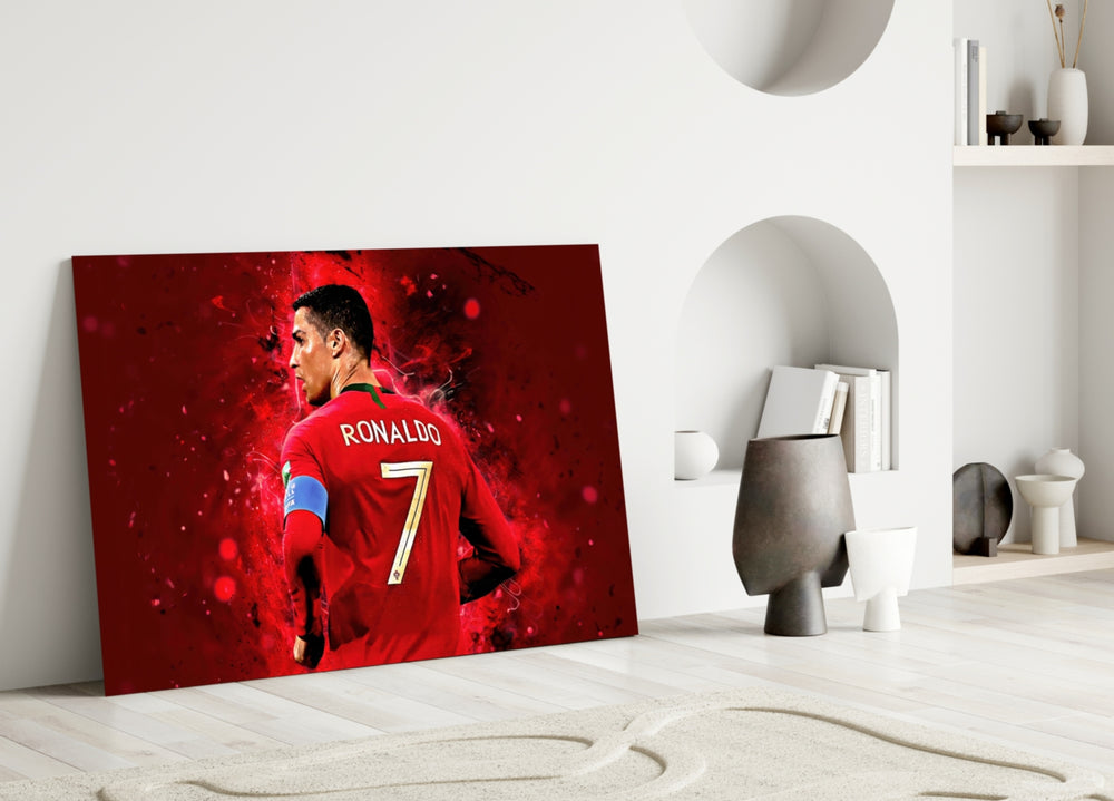 Close-up detail of CR7 back portrait behind glass