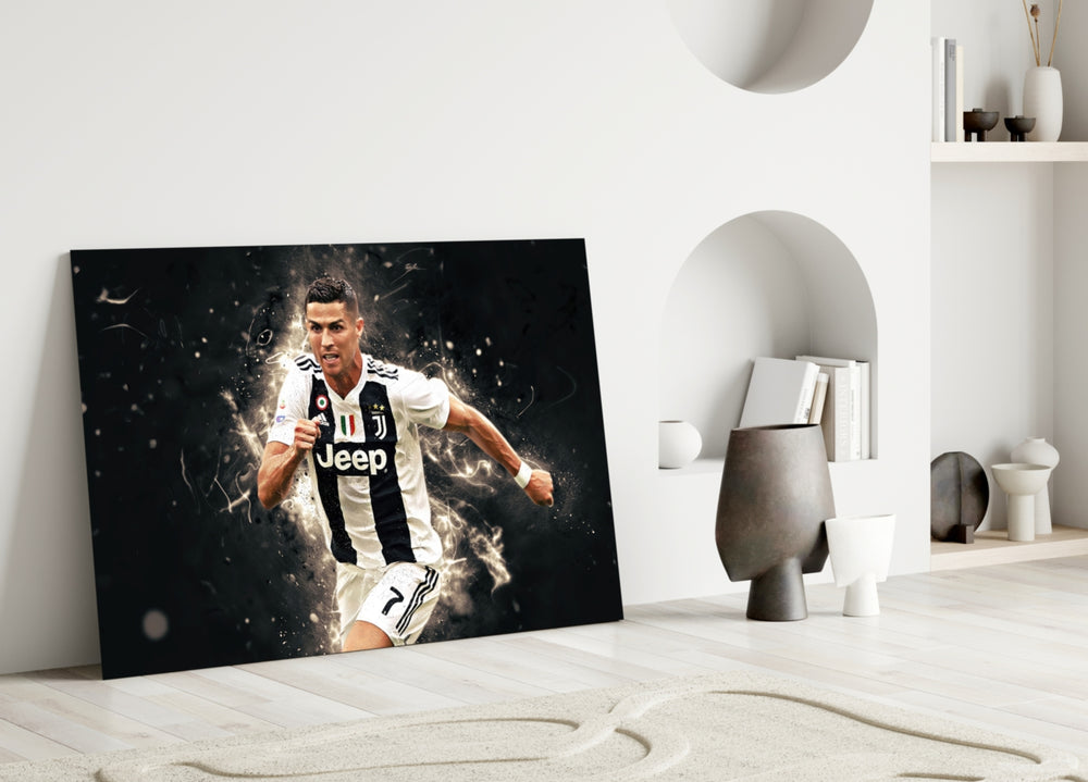 Close-up detail of CR7 Juventus sprint behind glass