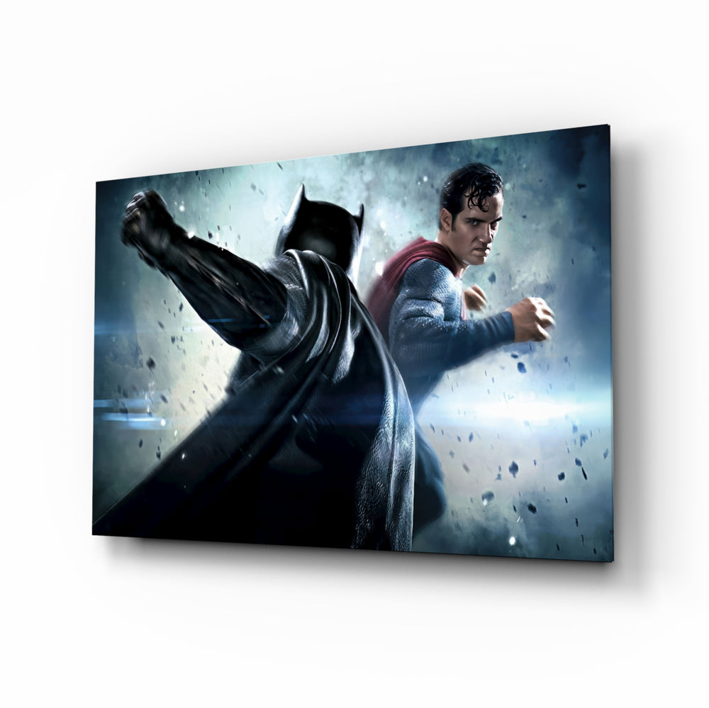 Batman vs Superman glass wall art in a modern home cinema