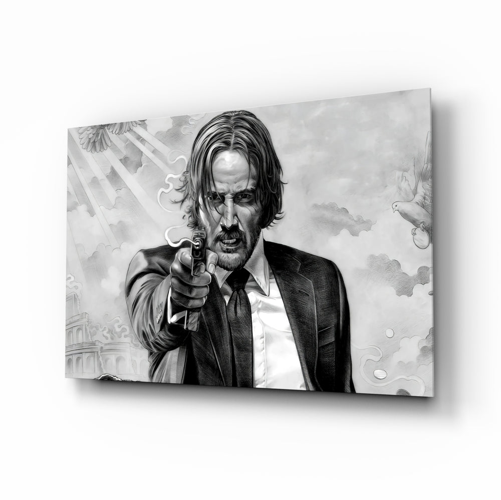John Wick glass wall art in a modern home cinema