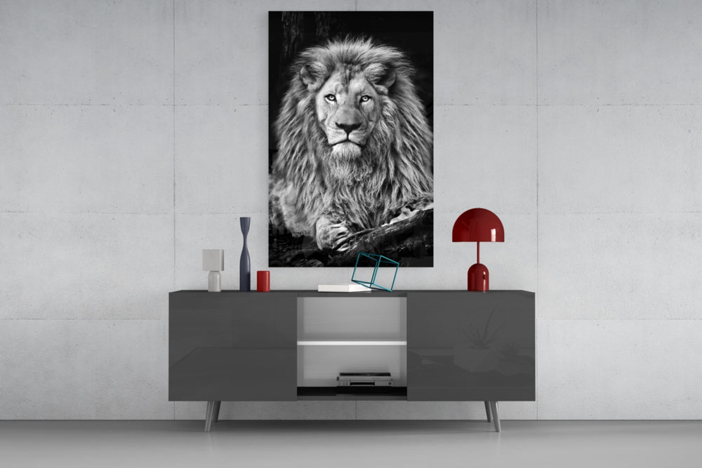 Lion glass wall art catching light to reveal its painted mane