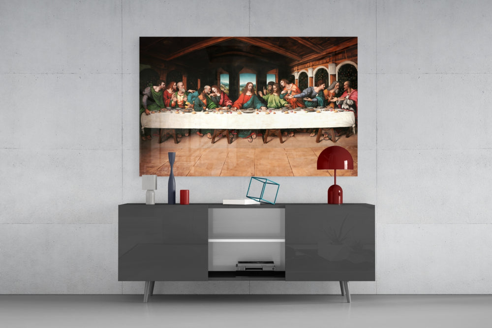 Last Supper Remastered glass wall art catching light to reveal its painted refectory