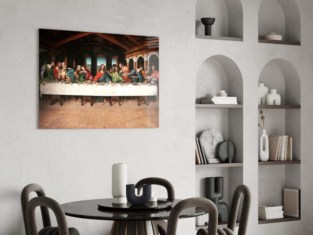 Renaissance glass print bringing art-history edge to a creative loft