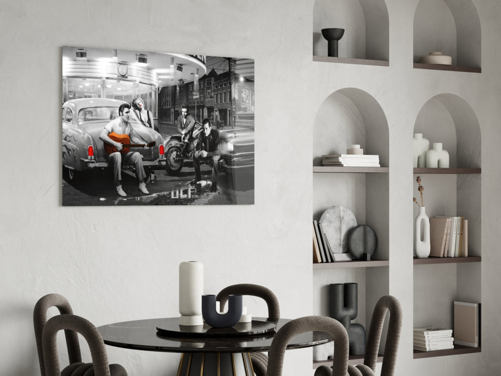 Retro glass print bringing Hollywood edge to a designer office