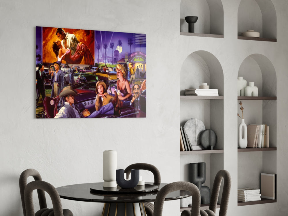 Retro glass print bringing drive-in edge to a designer office