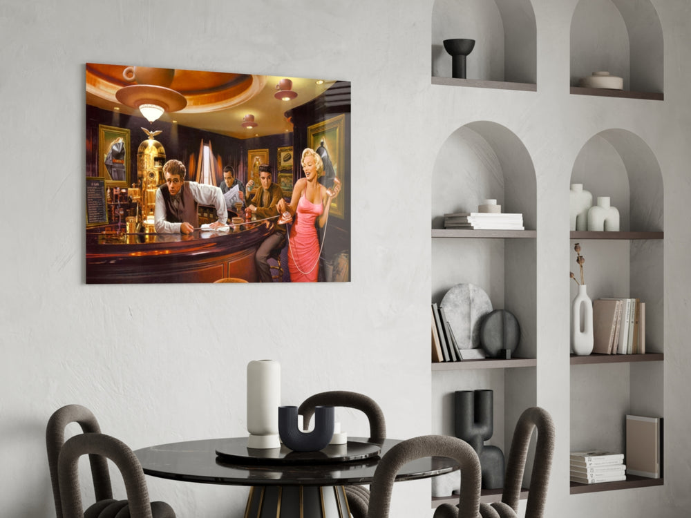 Retro glass print bringing bar-fantasy edge to a designer office