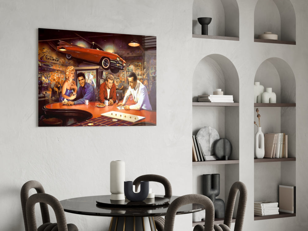 Retro glass print bringing diner edge to a designer office