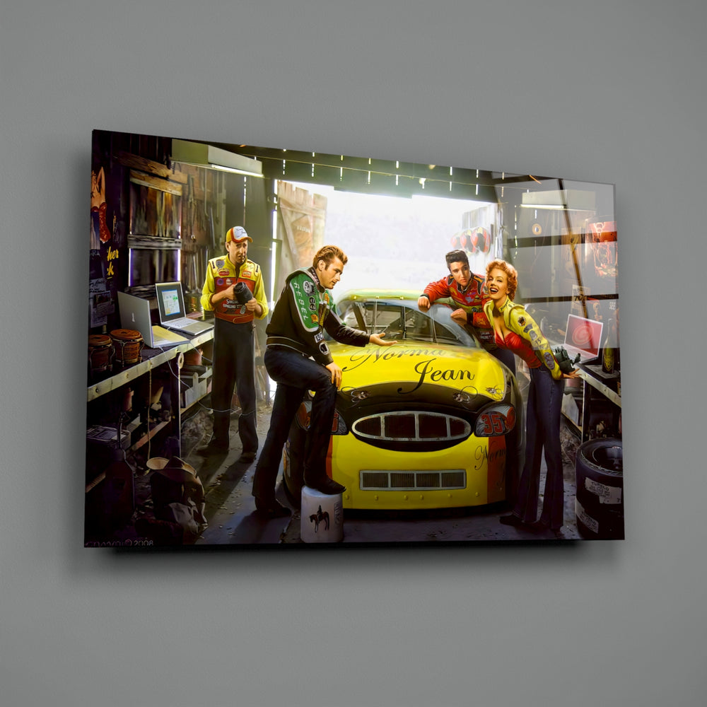 Retro tribute panel anchoring a creative loft wall