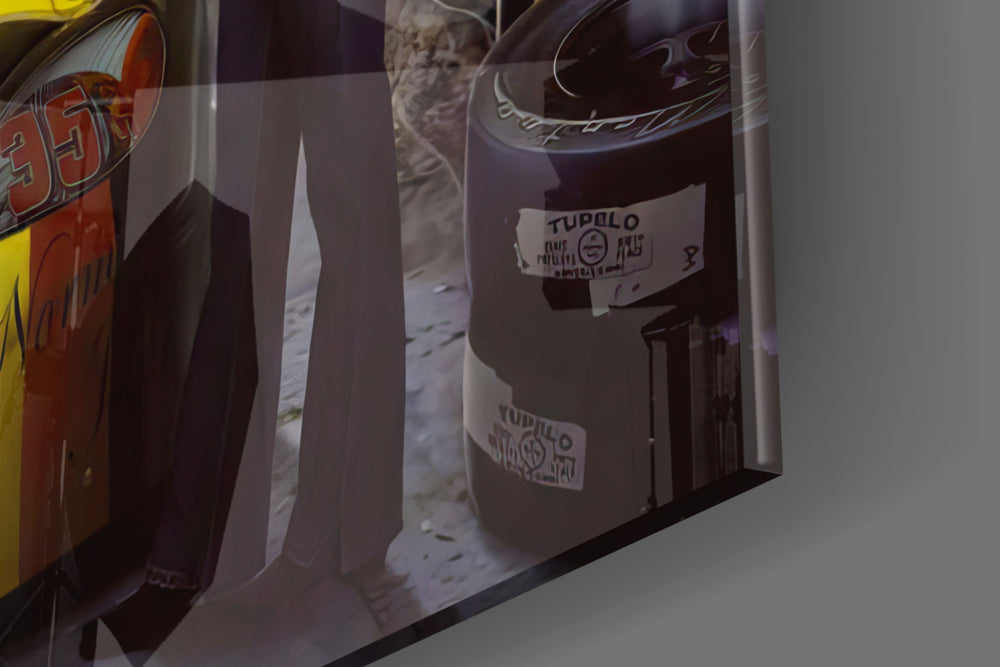 Cinematic artwork in a motorsport-leaning lounge interior