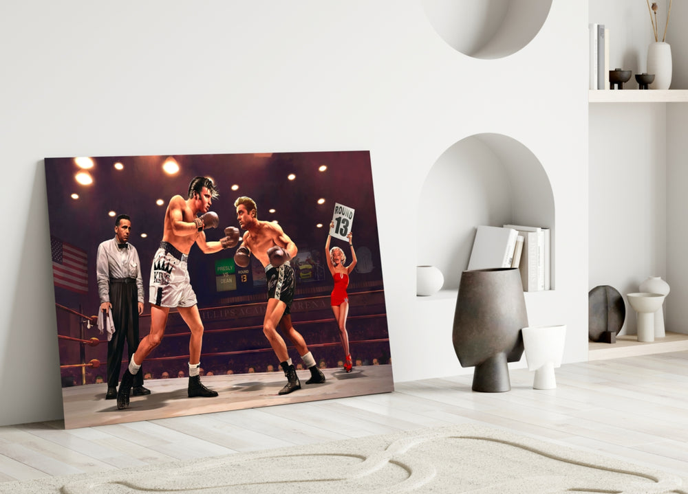 Close-up detail of retro boxing ring behind glass