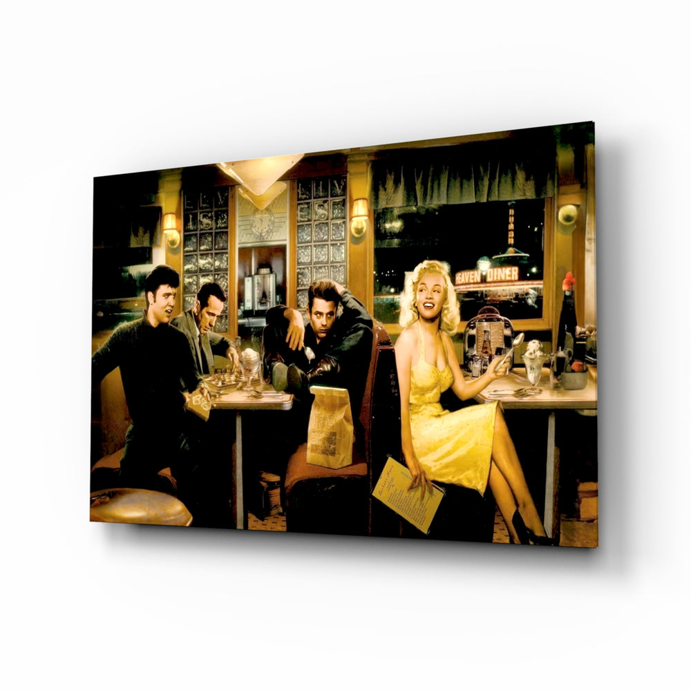 Marilyn Elvis Humphrey glass wall art in a modern home cinema