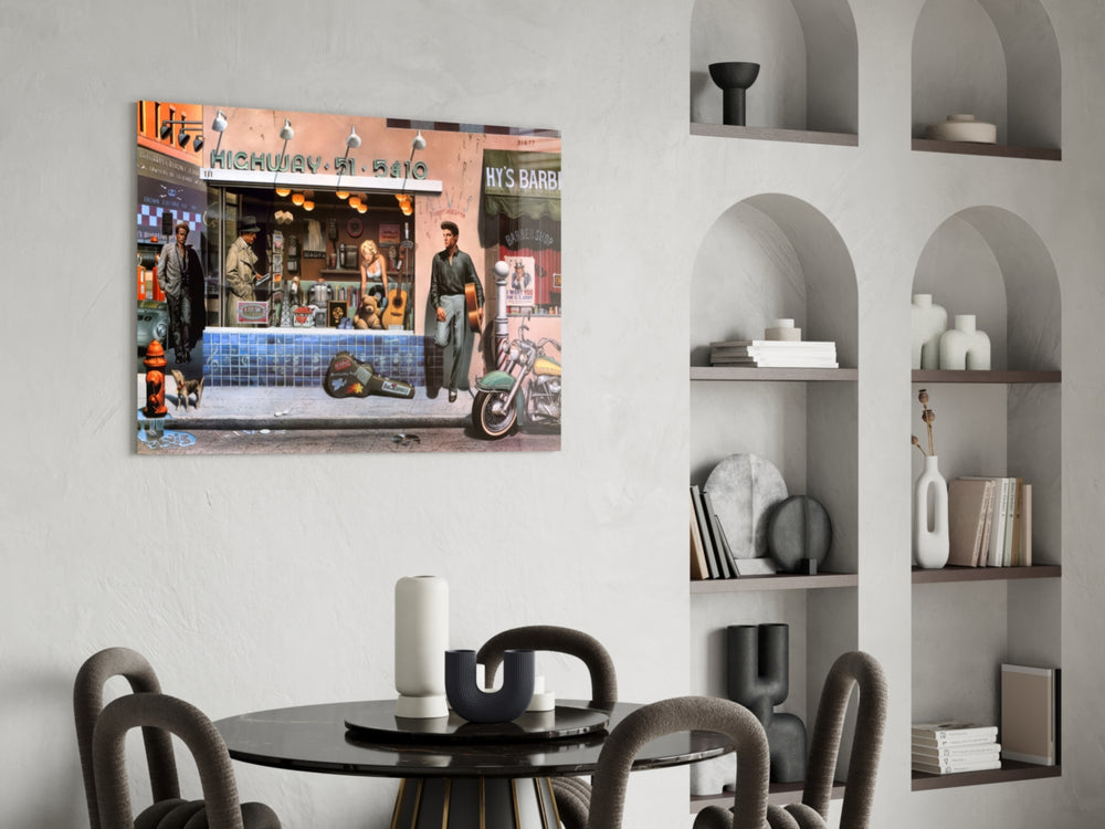 Retro glass print bringing Americana edge to a designer office