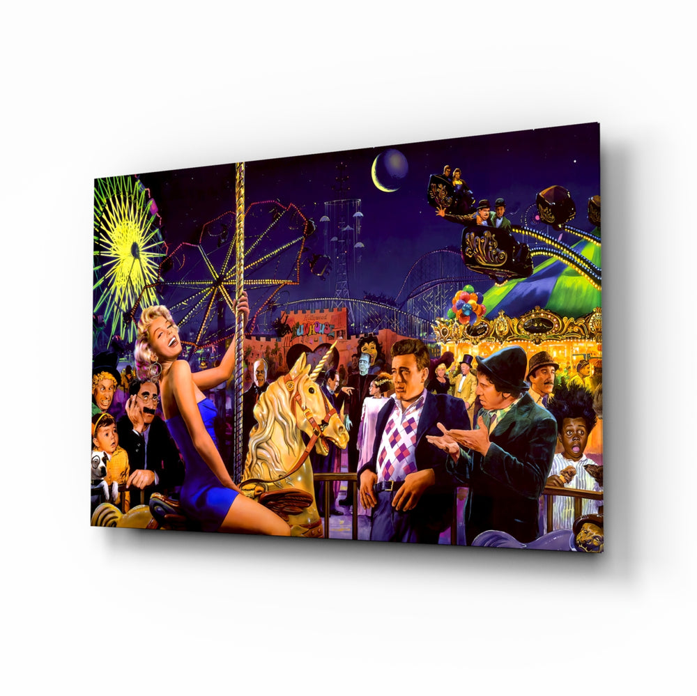 Marilyn Humphrey Theme Park glass wall art in a modern home cinema