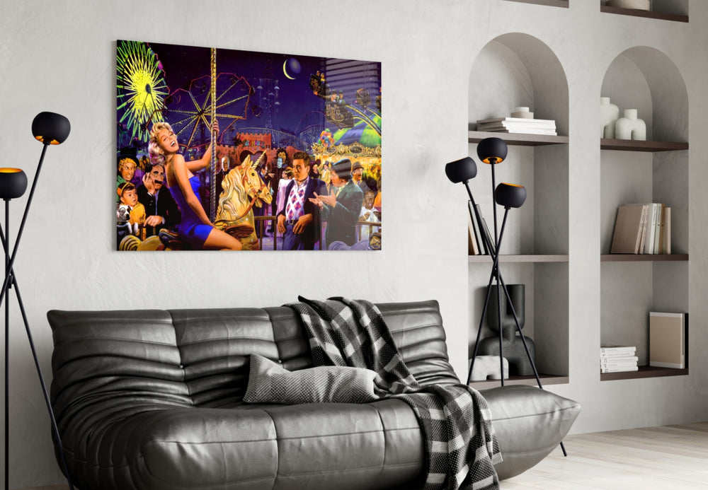 Theme Park artwork styled in a high-end bar interior