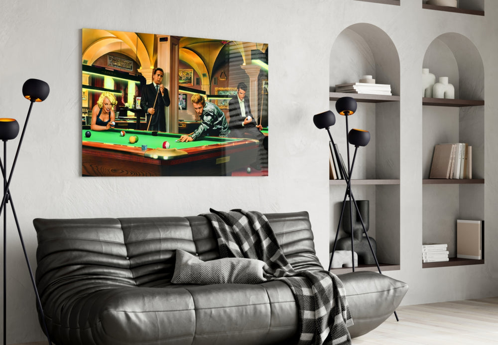 Pool artwork styled in a high-end bar interior