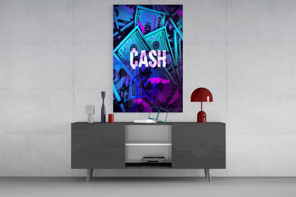 Cash glass wall art catching light to reveal its painted bills