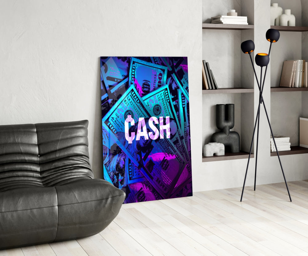 Money-motif glass print bringing hustle edge to a designer office