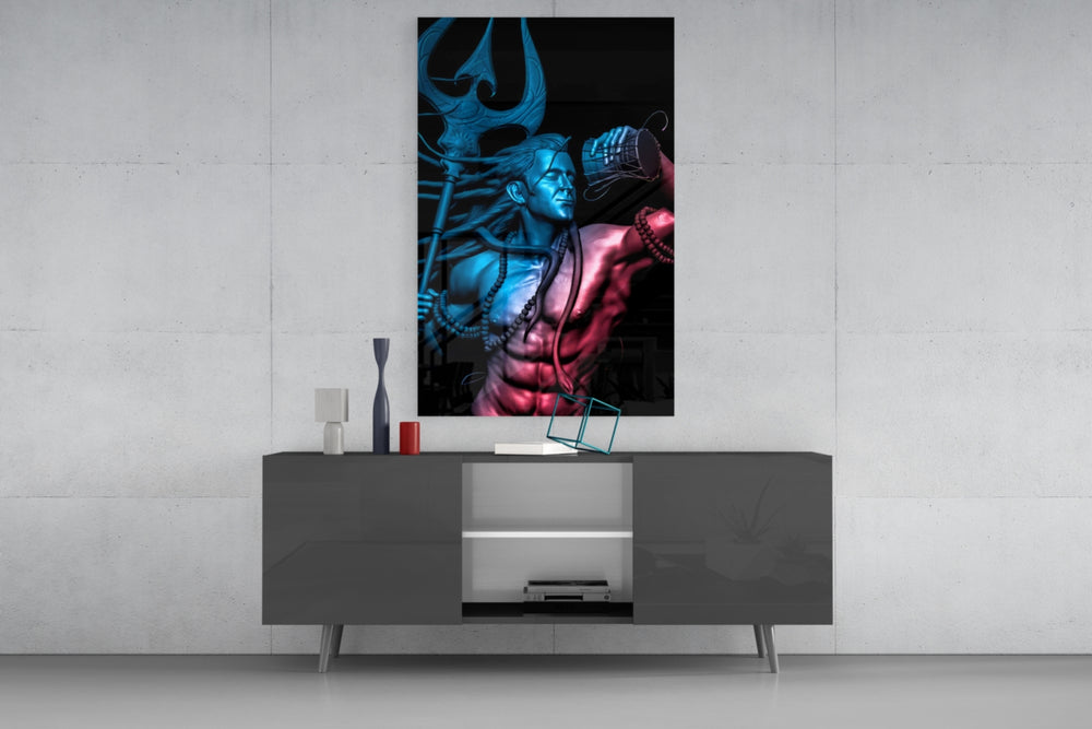 Har Har Mahadev glass wall art catching light to reveal its painted trident