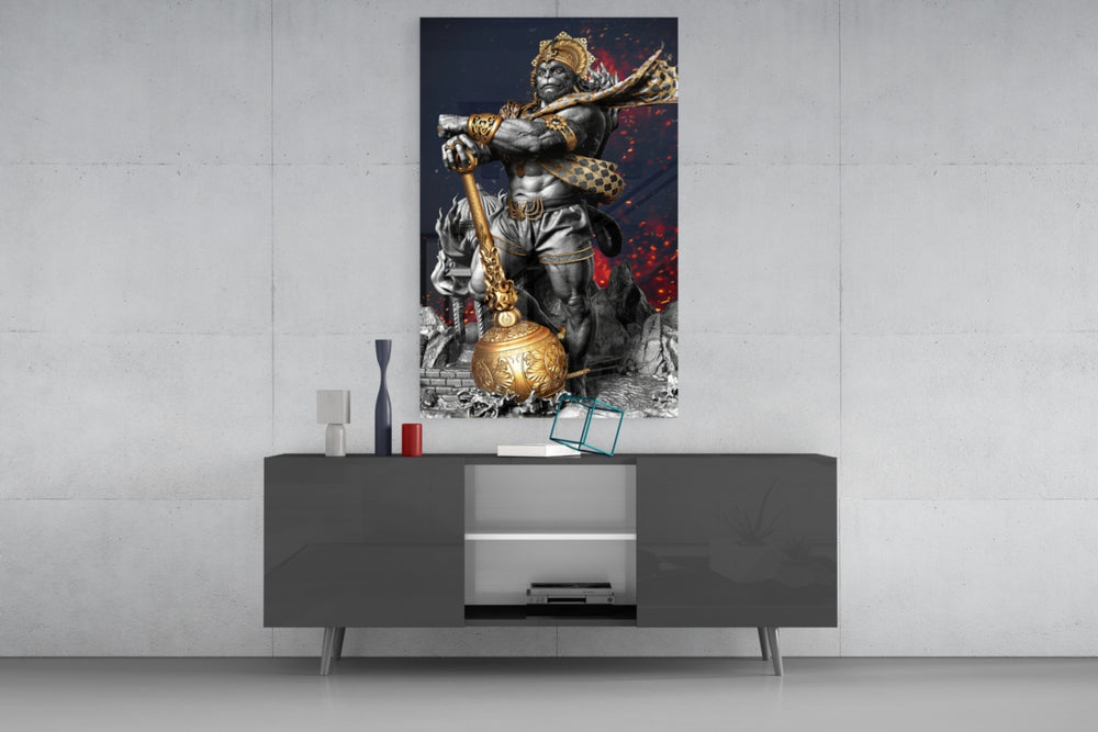Ape King glass wall art catching light to reveal its painted ember