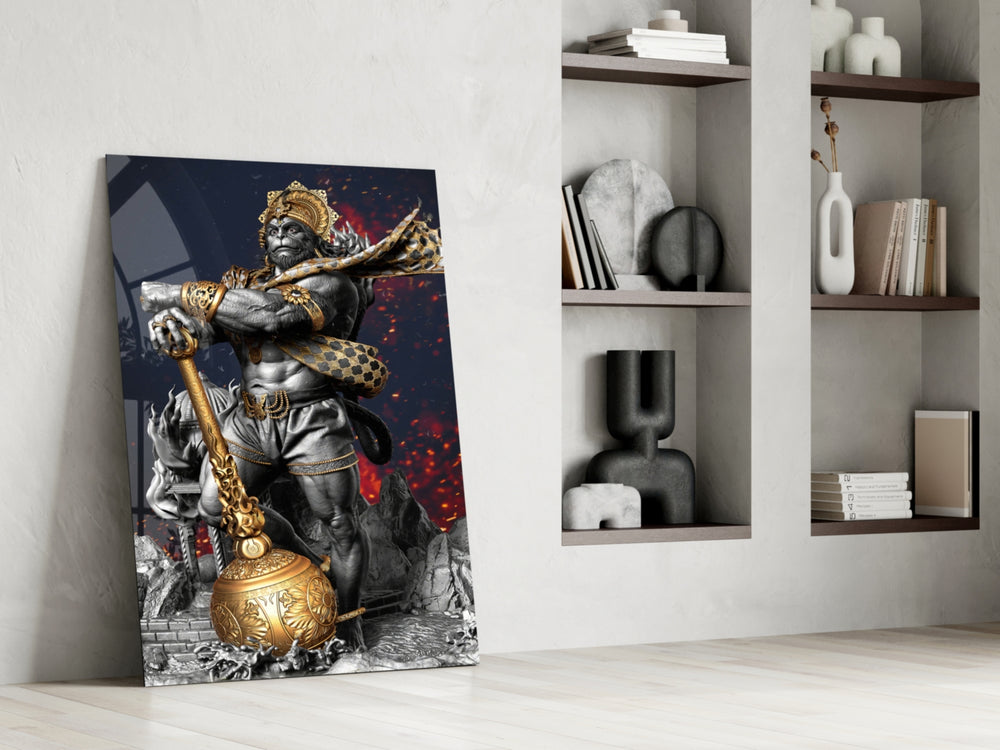 Mythological panel against a moody dark-painted accent wall