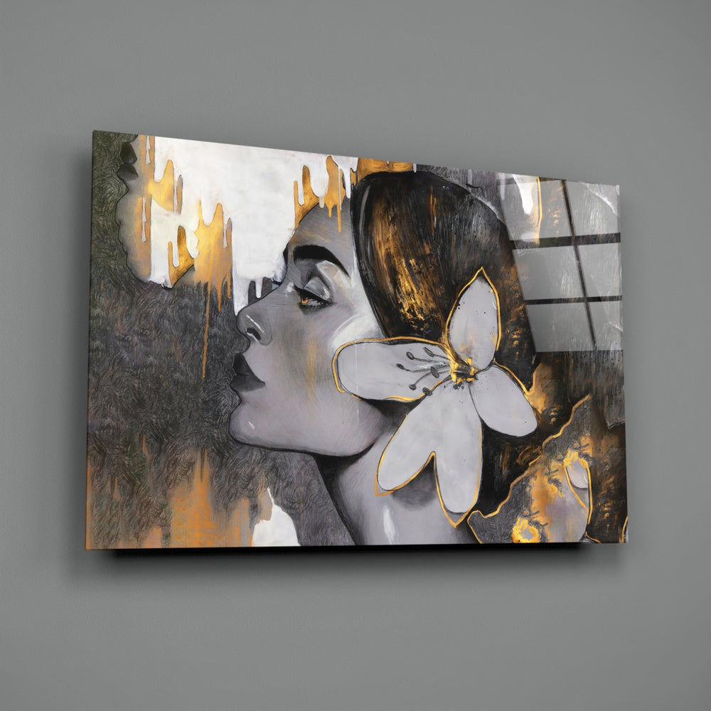 Surreal portrait panel anchoring a master bedroom wall
