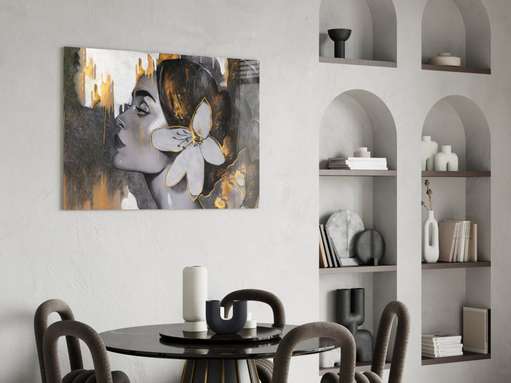 Surreal glass print bringing feminine edge to a designer office