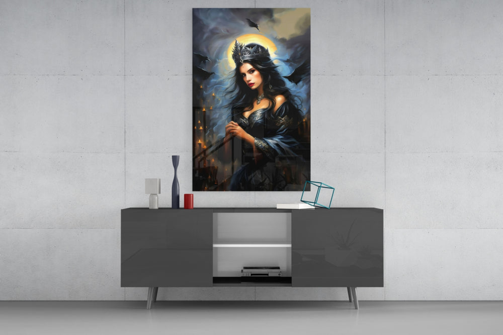 Dark Queen glass wall art catching light to reveal its painted halo