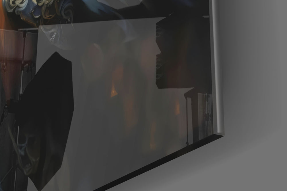 Cinematic artwork in a Halloween-leaning home interior