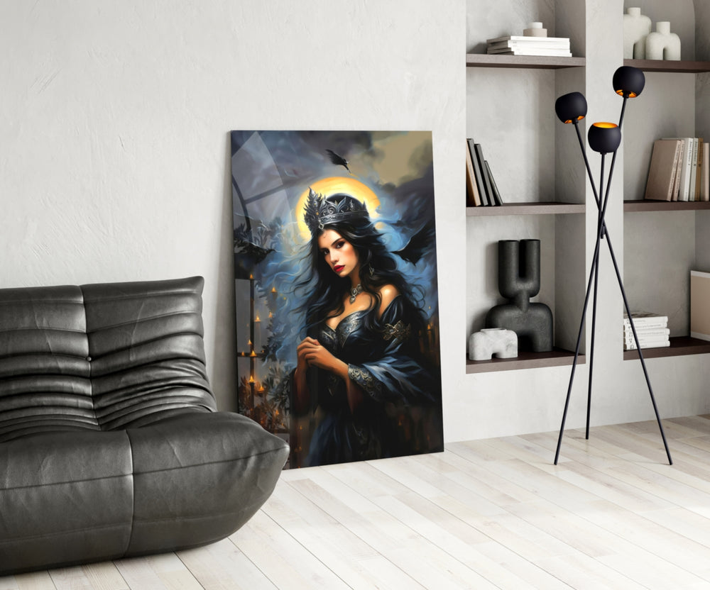 Dark-fantasy glass print bringing gothic edge to a study