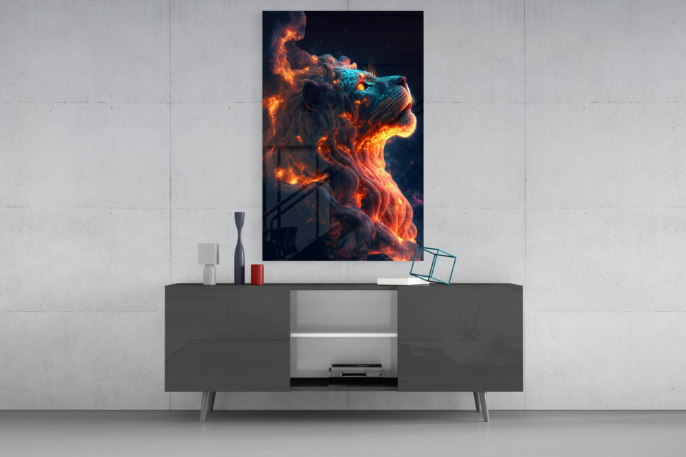 Fire Lion glass wall art catching light to reveal its painted flame