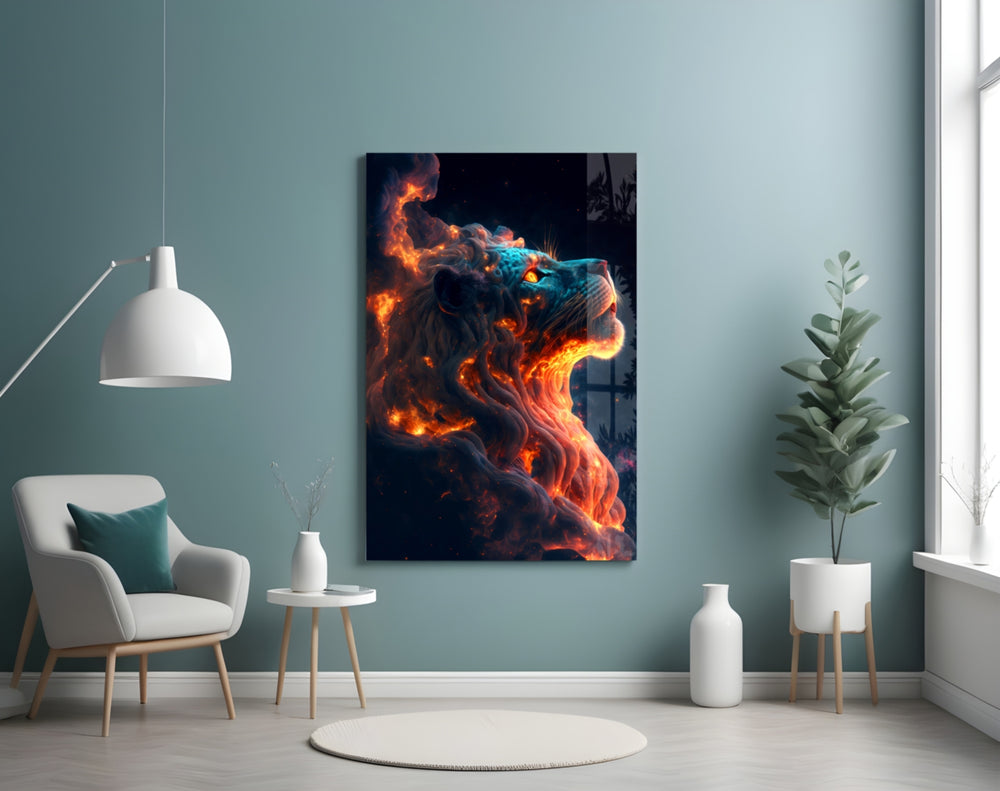 Fire Lion artwork styled in a man cave interior