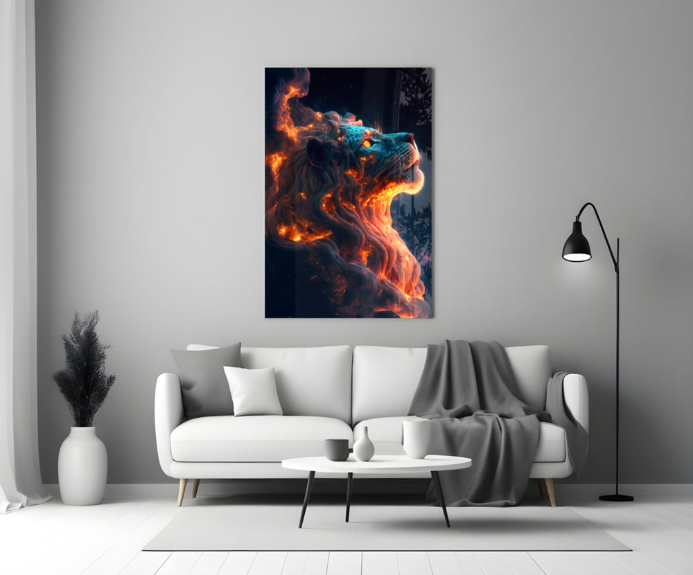 Close-up detail of cosmic Fire Lion behind glass