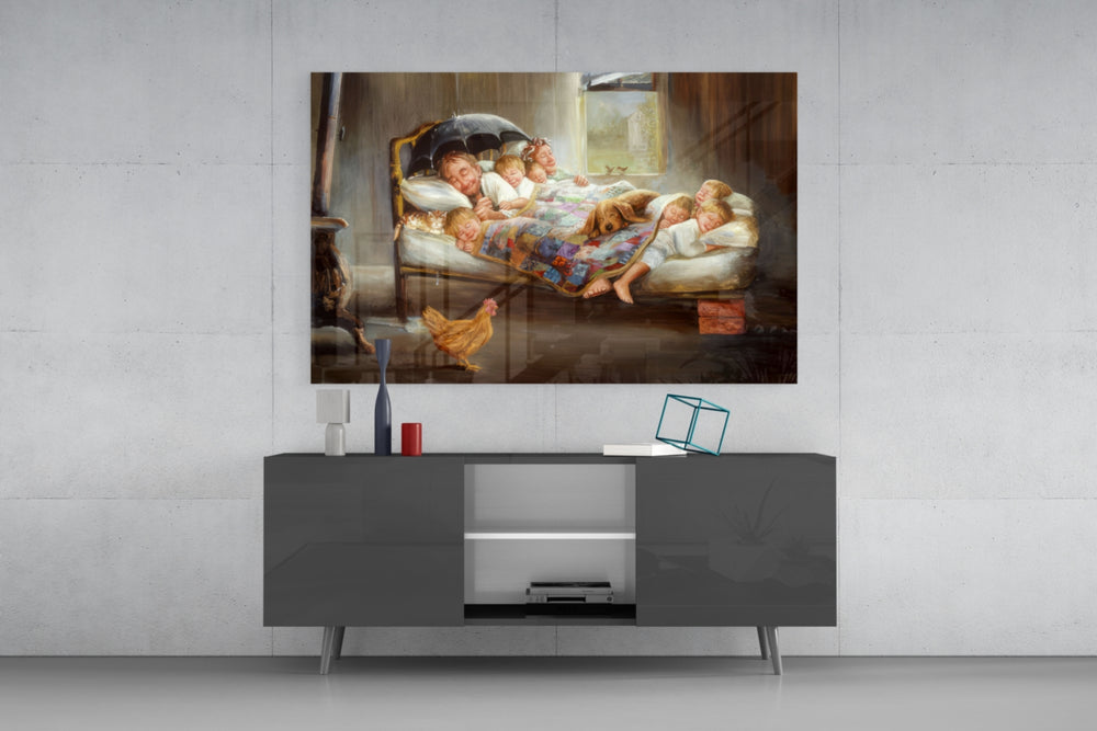Picture of Happiness glass wall art catching light to reveal its painted quilt