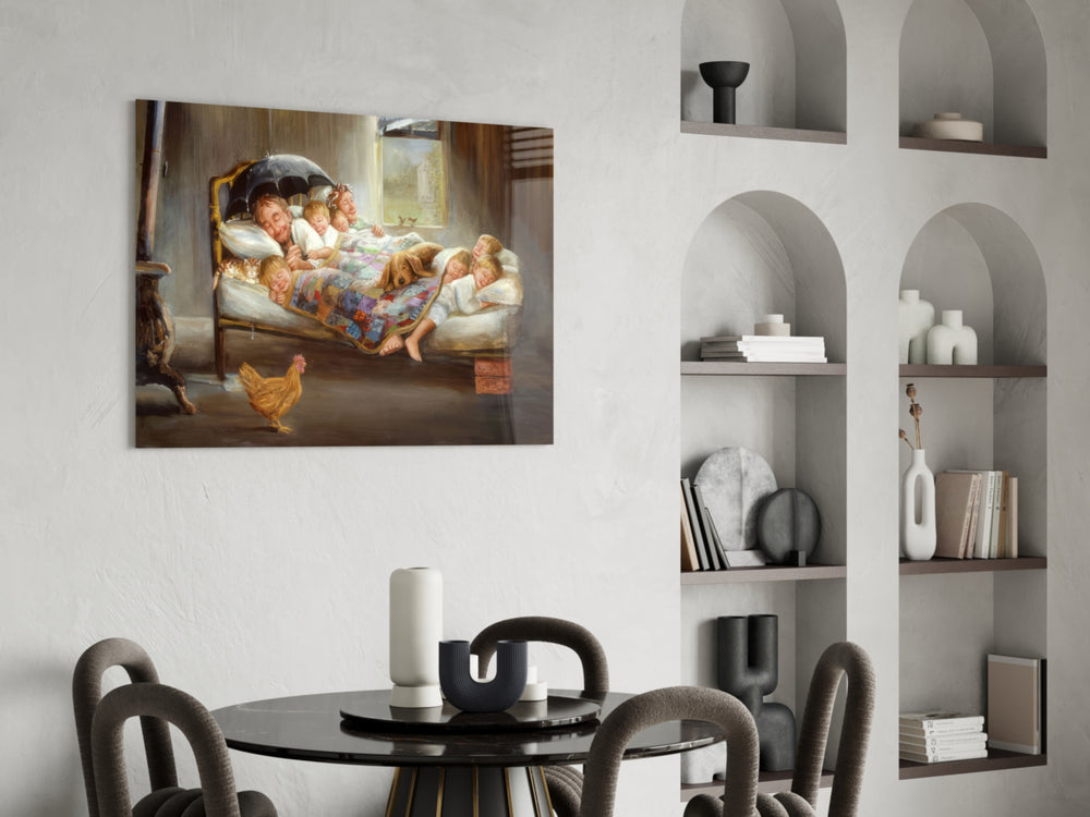 Folk-painting glass print bringing family edge to a hospitality interior