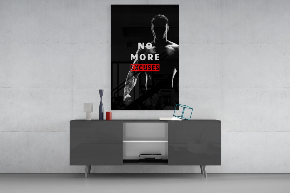 No More Excuses glass wall art catching light to reveal its painted bar