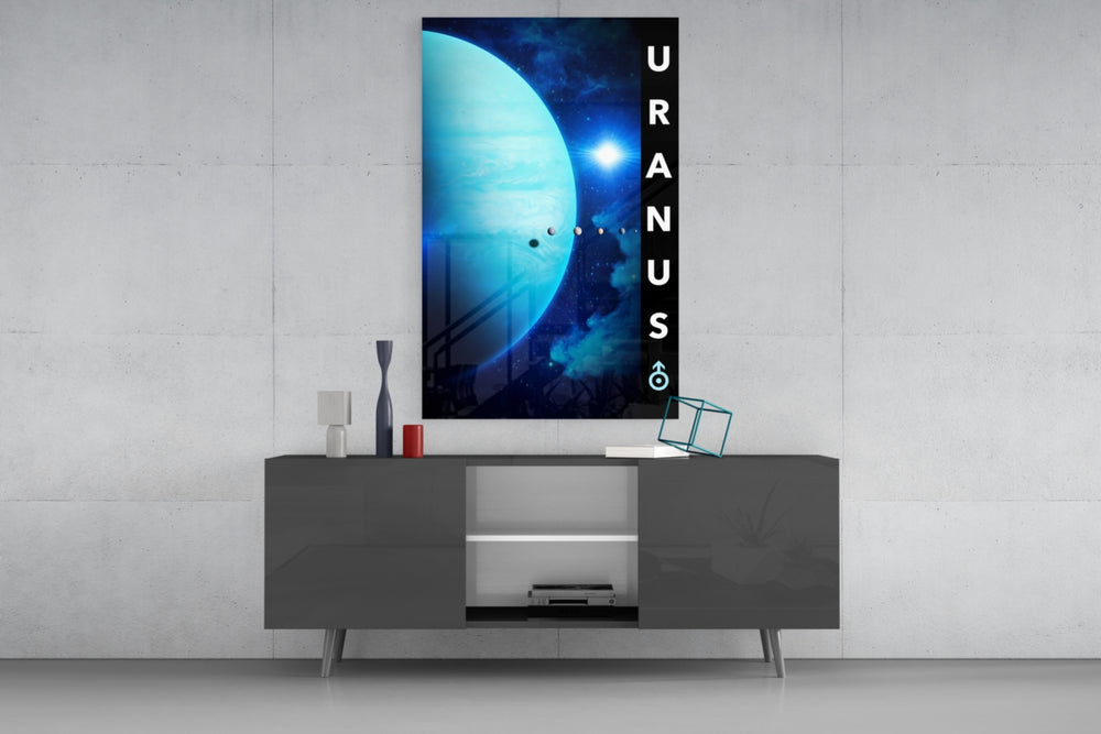 Uranus glass wall art catching light to reveal its painted moons