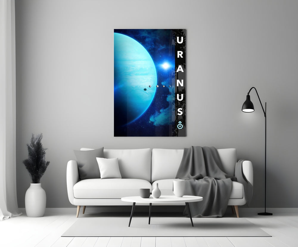 Close-up detail of Uranus planet poster behind glass