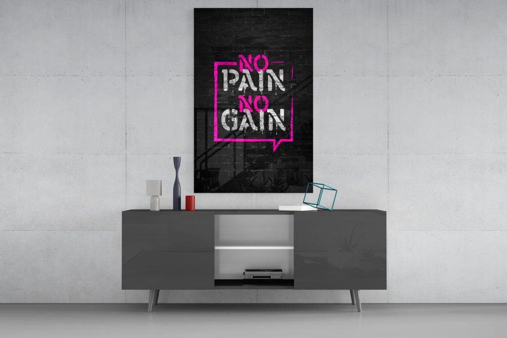 No Pain No Gain glass wall art catching light to reveal its painted bubble