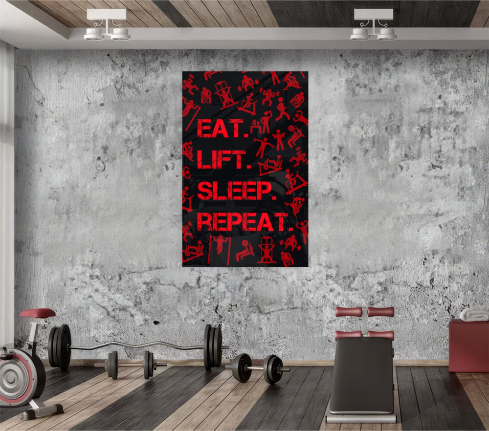 Eat, Lift, Sleep glass wall art catching light to reveal its painted pictograms