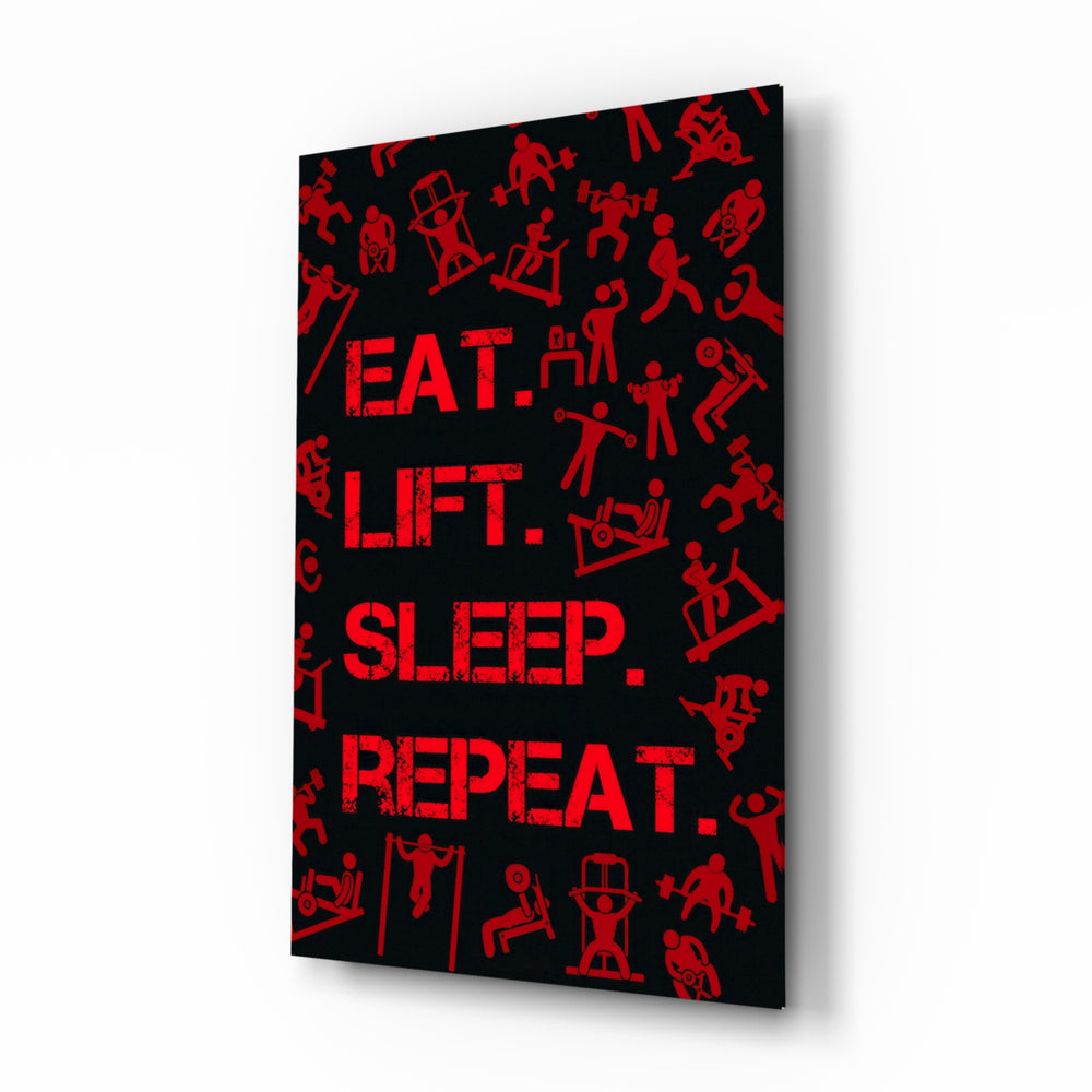 Eat, Lift, Sleep glass wall art in a modern home gym