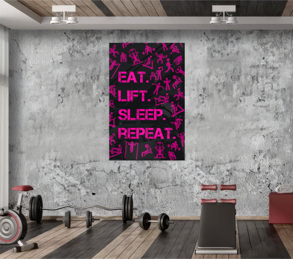 Eat, Lift, Sleep glass wall art catching light to reveal its painted pictograms