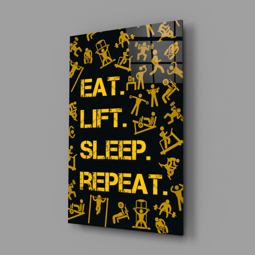 Gym typography panel anchoring a man cave wall