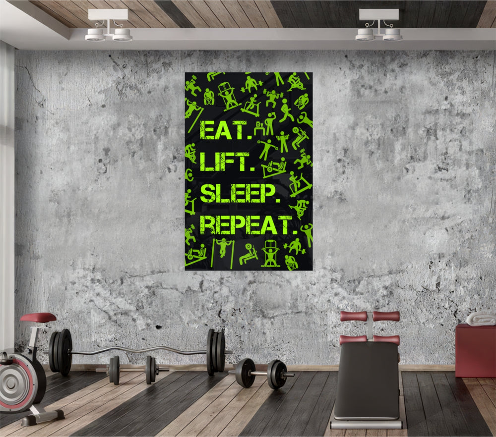 Eat, Lift, Sleep glass wall art catching light to reveal its painted pictograms