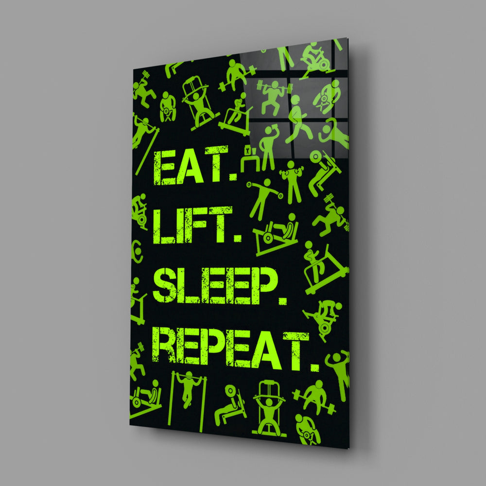 Gym typography panel anchoring a man cave wall