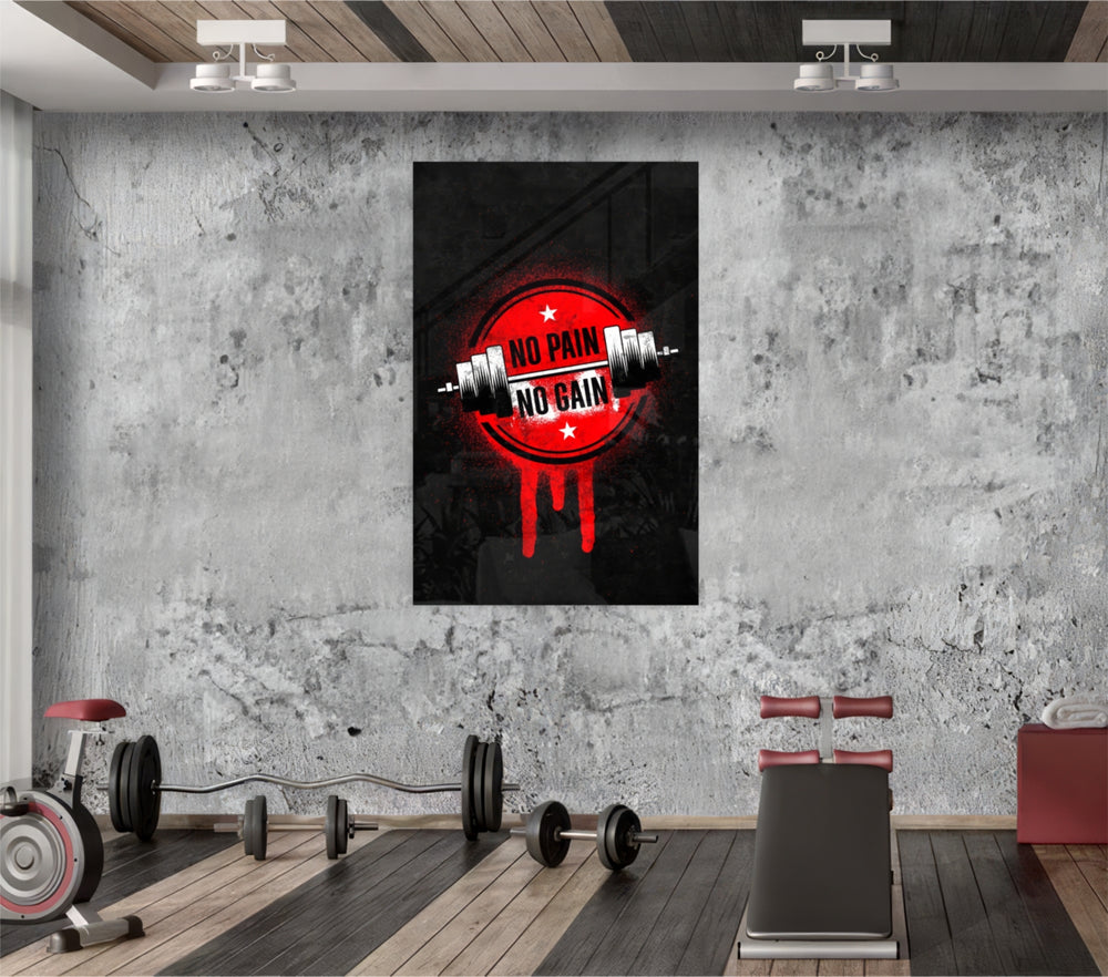 No Pain No Gain glass wall art catching light to reveal its painted barbell
