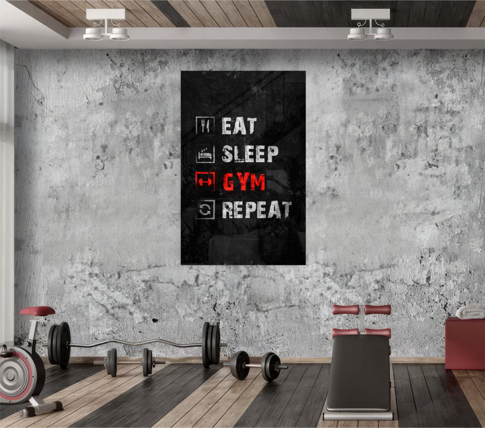 Eat, Sleep, Gym glass wall art catching light to reveal its painted icons