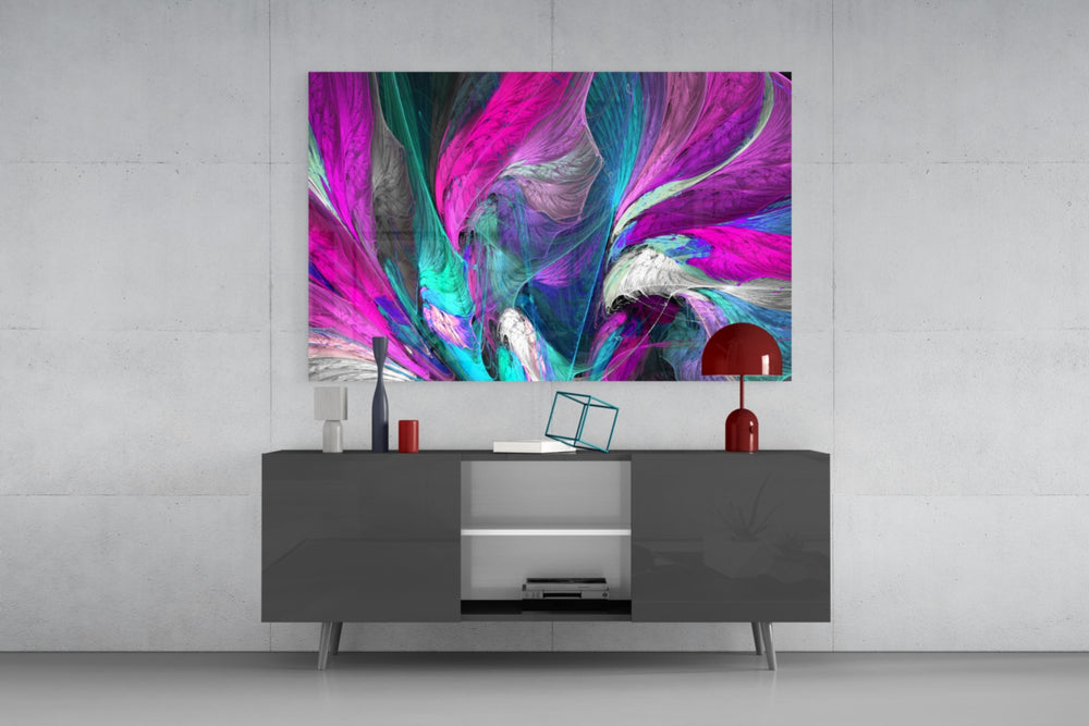 Pink Dream glass wall art catching light to reveal its painted plumes