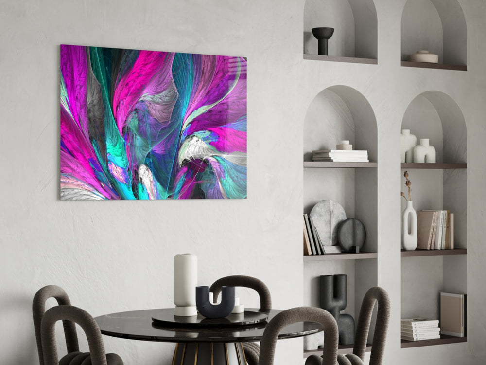 Abstract glass print bringing fractal edge to a feminine living room