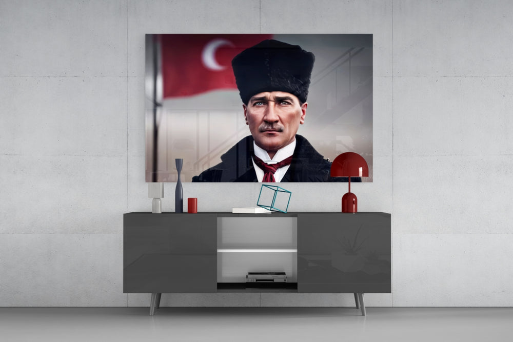 Atatürk glass wall art catching light to reveal its painted flag